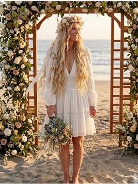 Free People NWT White Boho Mini Dress Size 12 Cotton Lace Beach Wedding Bridal